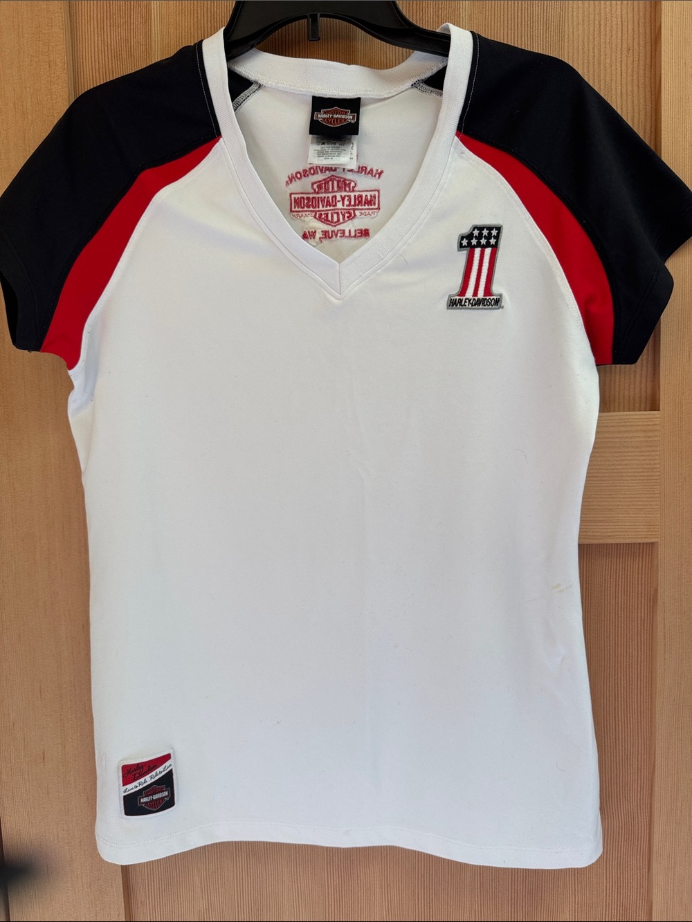 Harley-Davidson White V-Neck Tee with Black & Red Accents